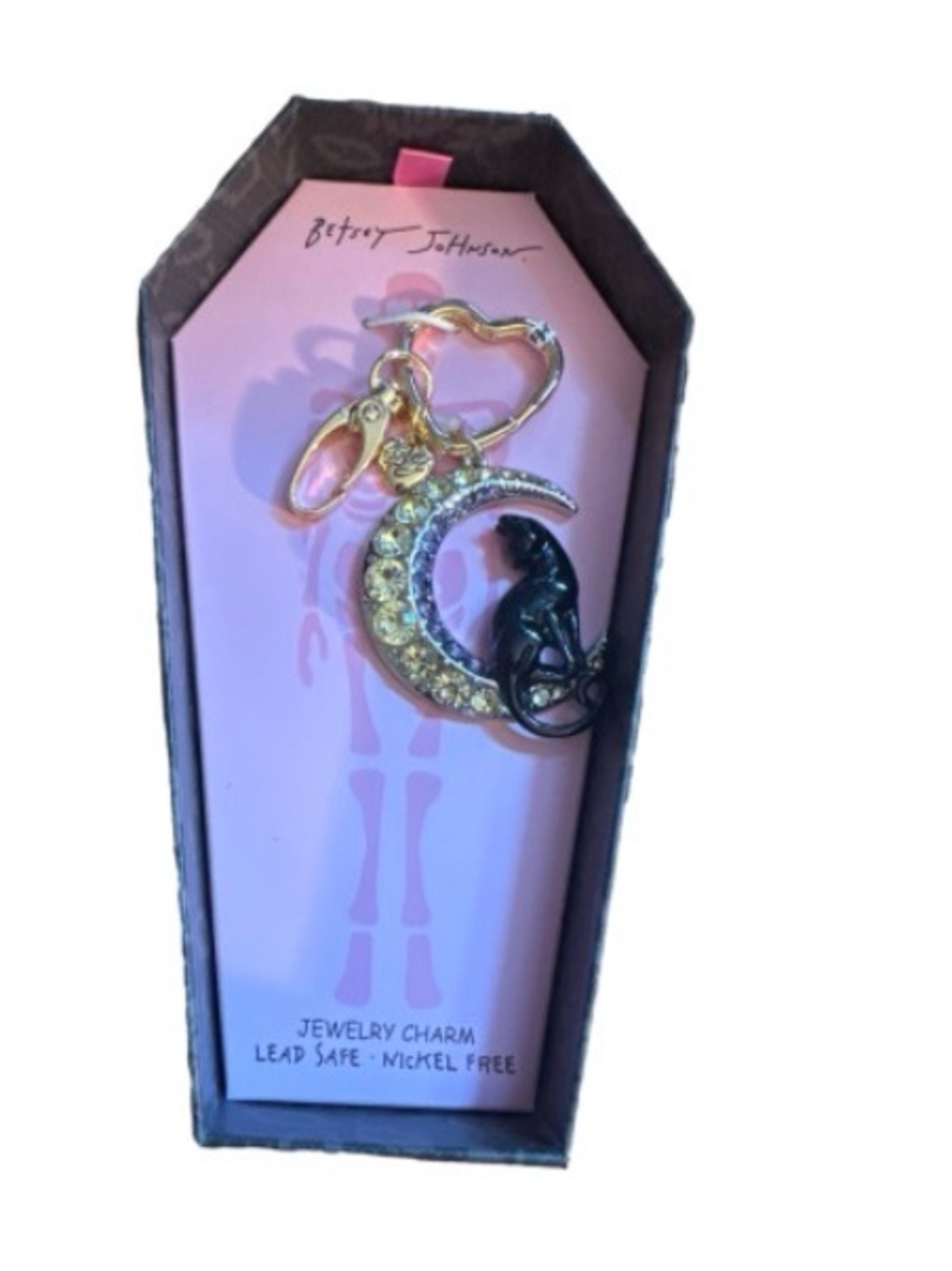 Betsey Johnson Gold-Tone Crescent Moon with Black Cat Charm